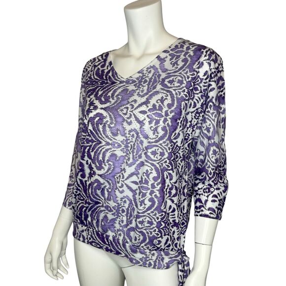 CHICOS Size 1 US M Purple & White Paisley Print Knit Top Rhinestone Trim - Picture 5 of 14